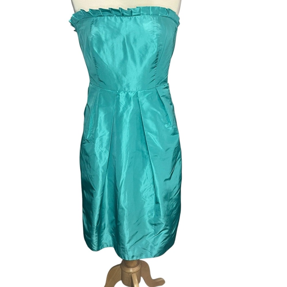 J Crew Audrey Dress Women 2 Green‎ Aqua Silk Tafetta Strapless Ruffle Cocktail - Picture 2 of 15